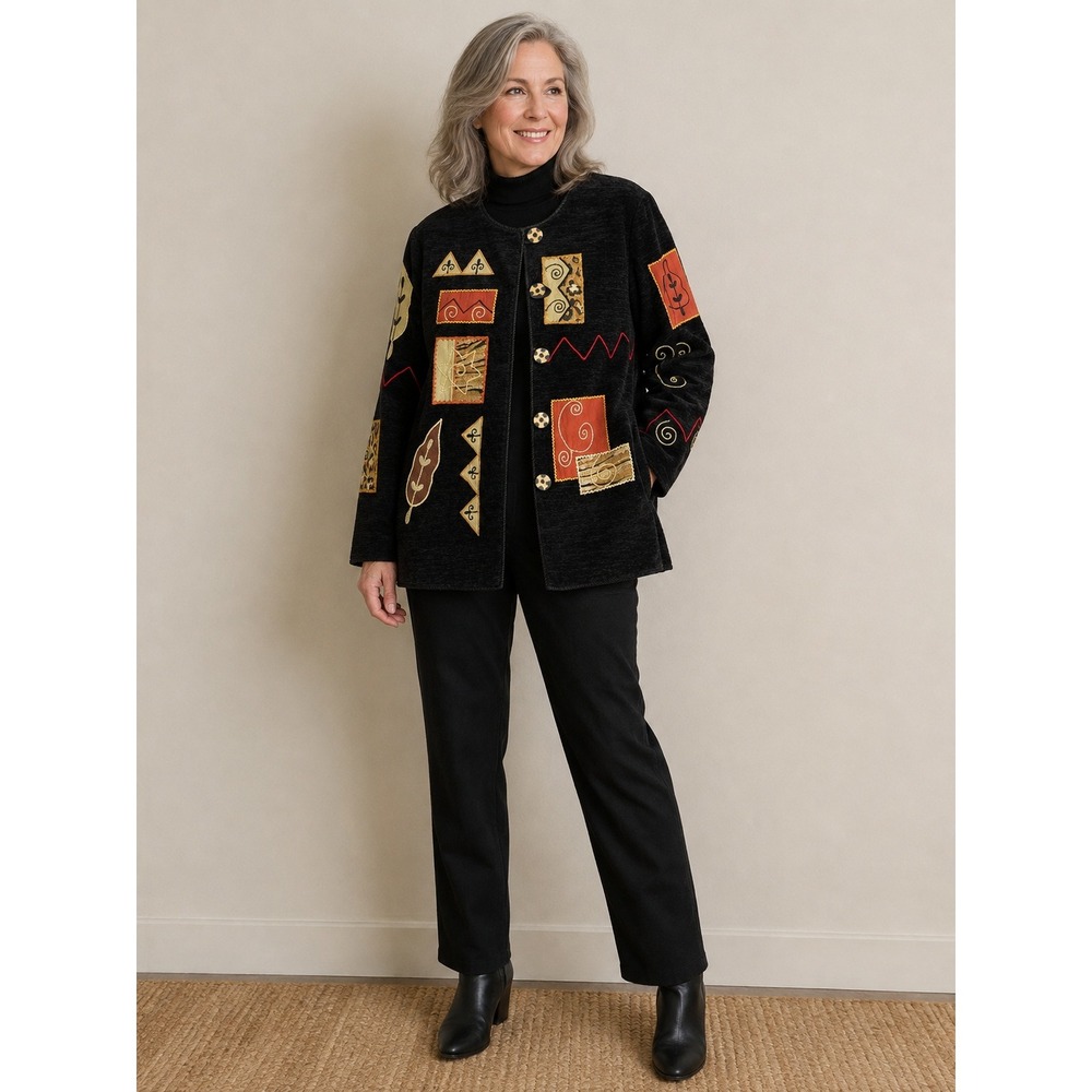 Indigo Moon Jacket Women L 14/16 Black Patchwork Applique Wearable Art Boho NWT